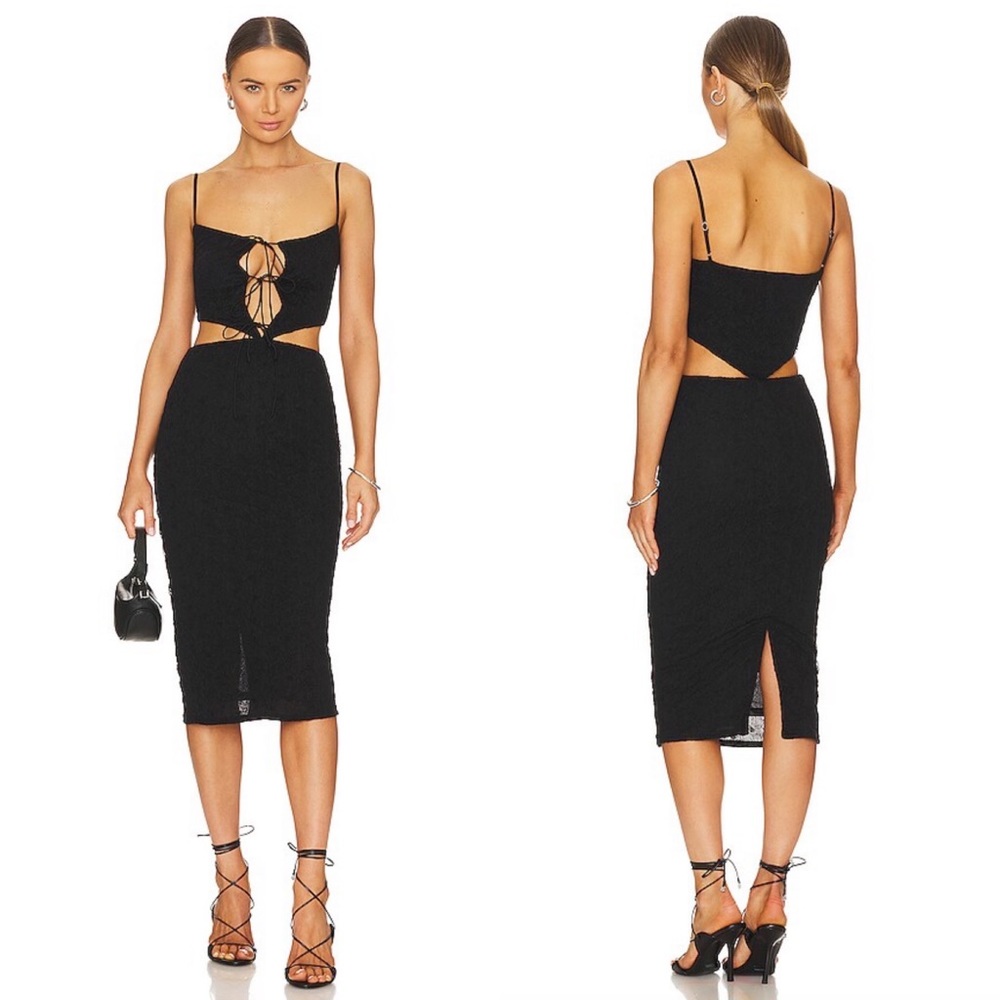 Revolve Camila Coelho Ebony Bow Tie Cutout Textured Midi Dress in Black Size S